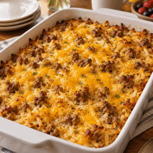 Sausage hashbrown breakfast casserole with golden cheese and potatoes