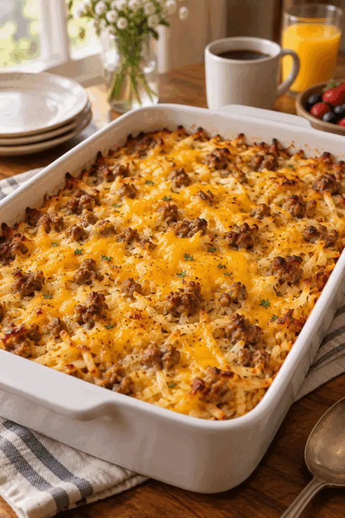 Sausage hashbrown breakfast casserole with golden cheese and potatoes