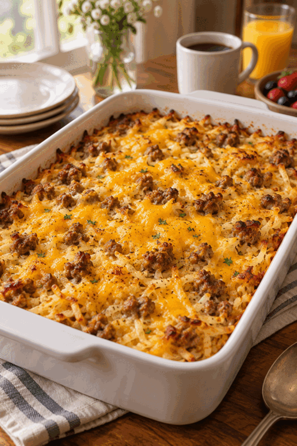 Sausage hashbrown breakfast casserole with golden cheese and potatoes