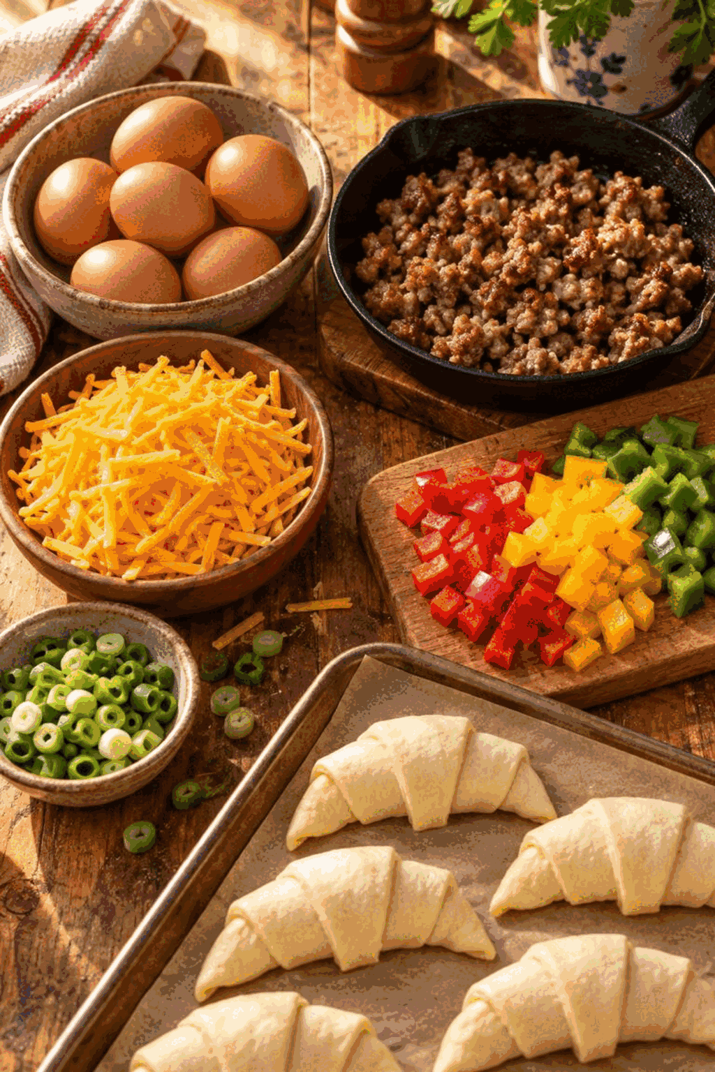 Ingredients for savory breakfast pockets arranged on a counter