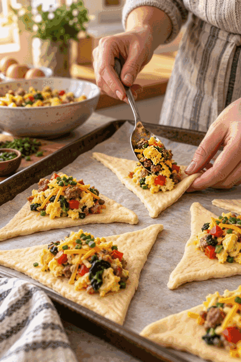 Savory breakfast pockets being filled and sealed with crescent dough