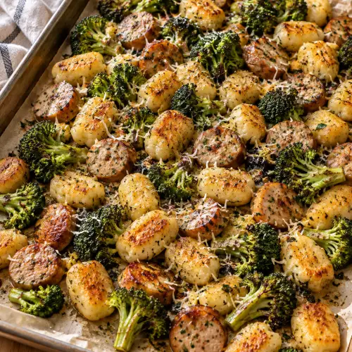 sheet pan cauliflower gnocchi with chicken sausage and broccoli