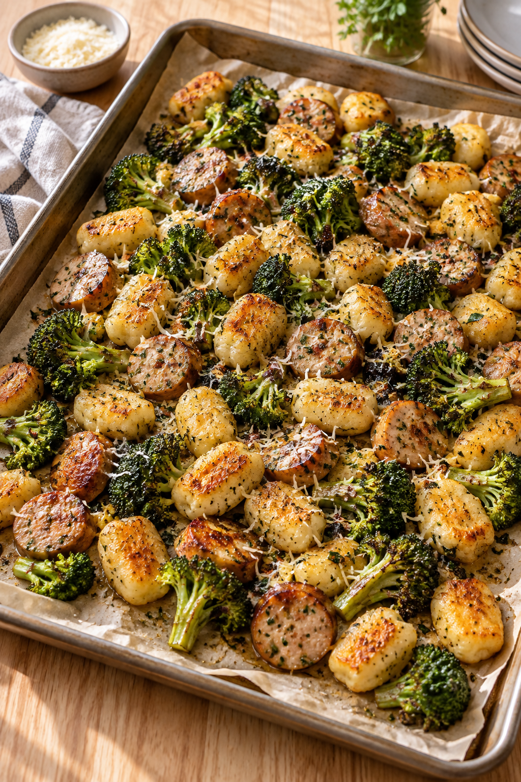 sheet pan cauliflower gnocchi with chicken sausage and broccoli