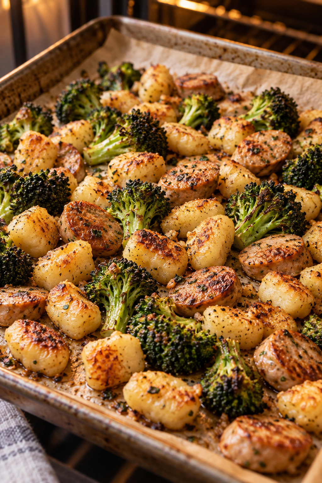 sheet pan cauliflower gnocchi with chicken sausage roasting