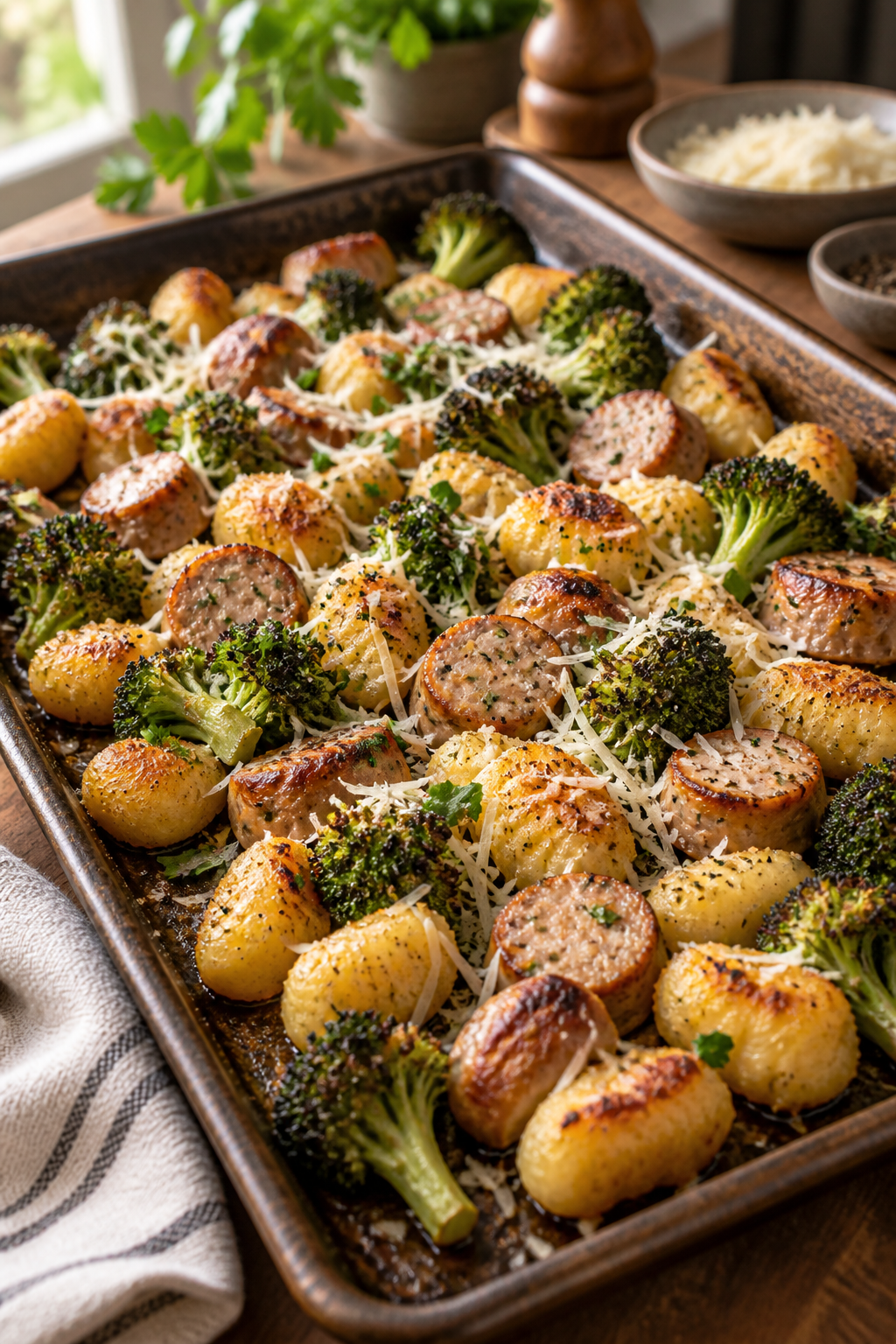 sheet pan cauliflower gnocchi with chicken sausage served hot