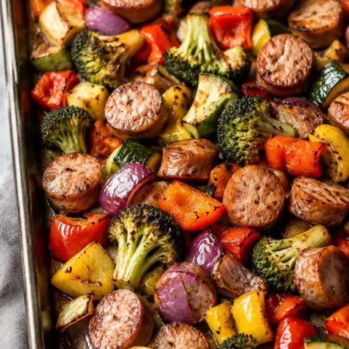 sheet pan sausage and vegetables finished dish