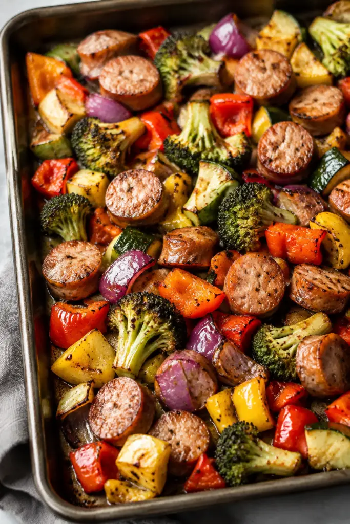 sheet pan sausage and vegetables finished dish