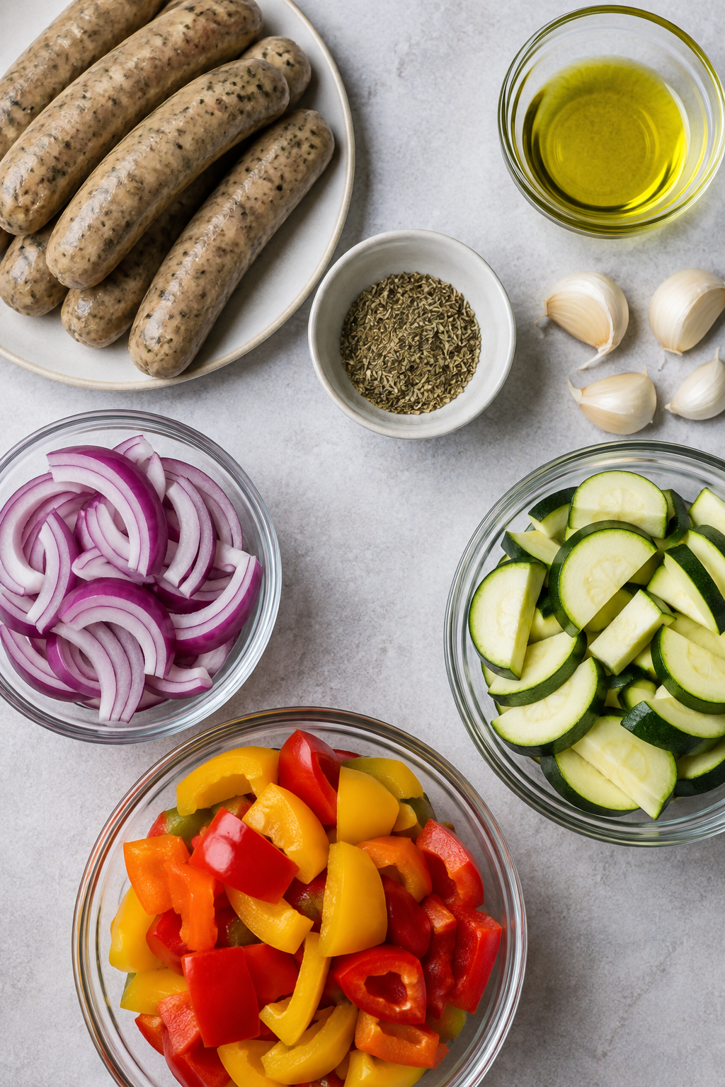 sheet pan sausage and vegetable ingredients
