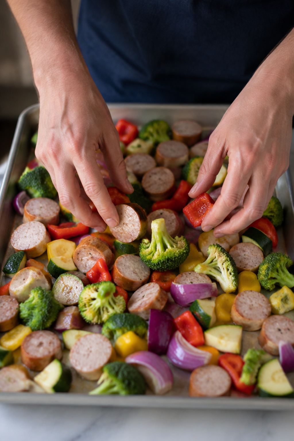 sausage and vegetables spread on a sheet pan