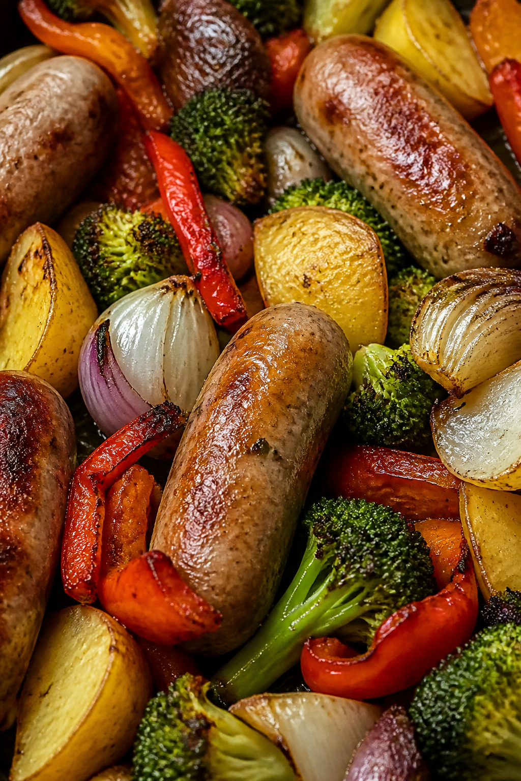 roasted chicken sausage and vegetables with browned edges