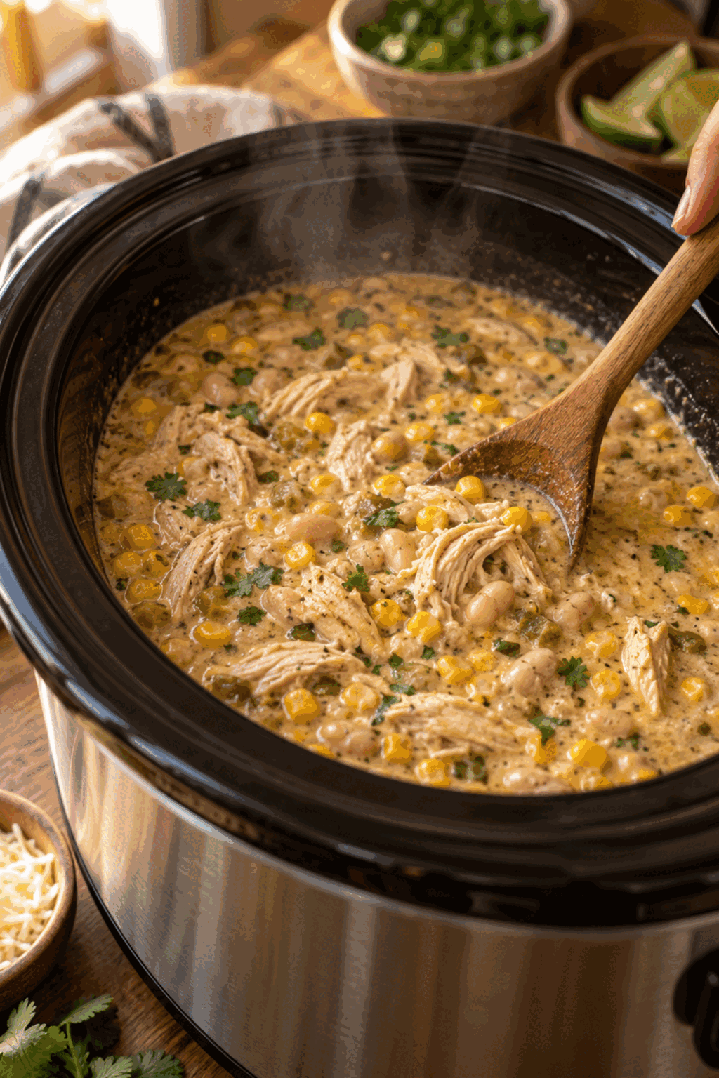 creamy white chicken chili cooking in a slow cooker