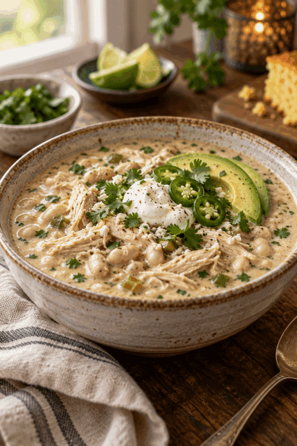 bowl of slow cooker creamy white chicken chili