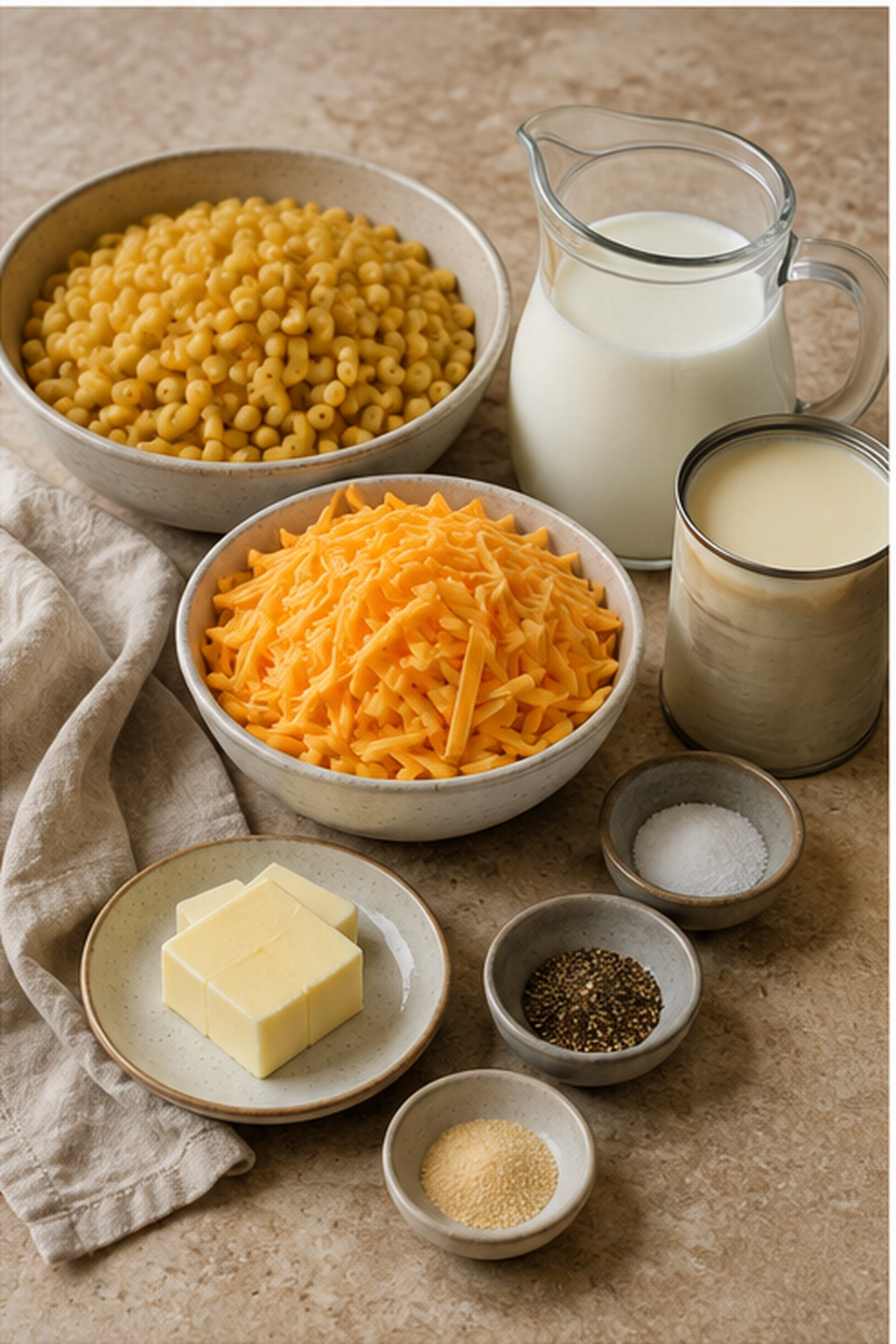 Ingredients measured for slow cooker mac and cheese