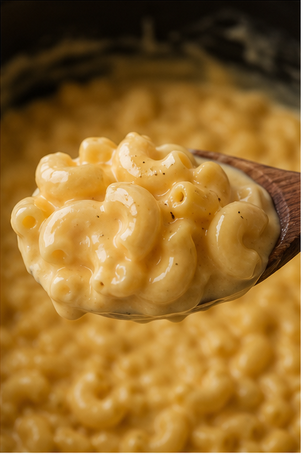 Finished slow cooker mac and cheese shown close up