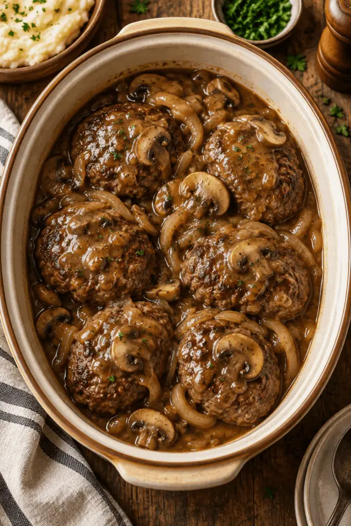 slow cooker Salisbury steak finished dish