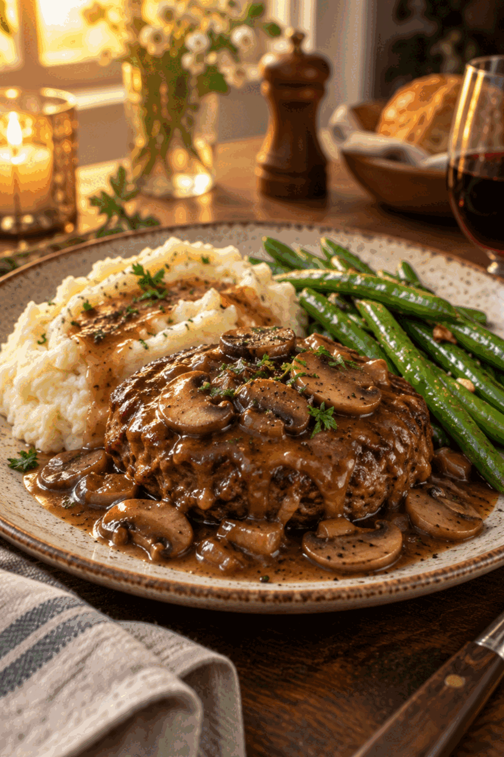 Finished slow cooker Salisbury steak with mushroom gravy