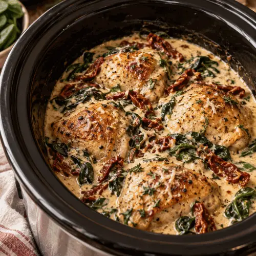 slow cooker Tuscan chicken in creamy sauce
