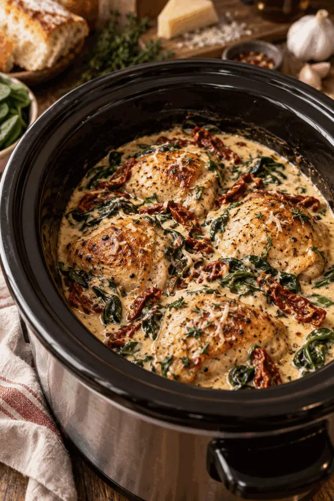 slow cooker Tuscan chicken in creamy sauce
