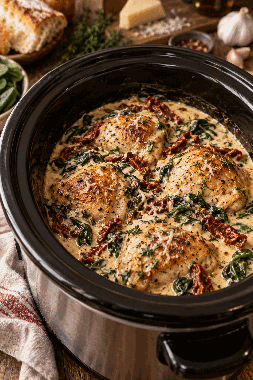 slow cooker Tuscan chicken in creamy sauce