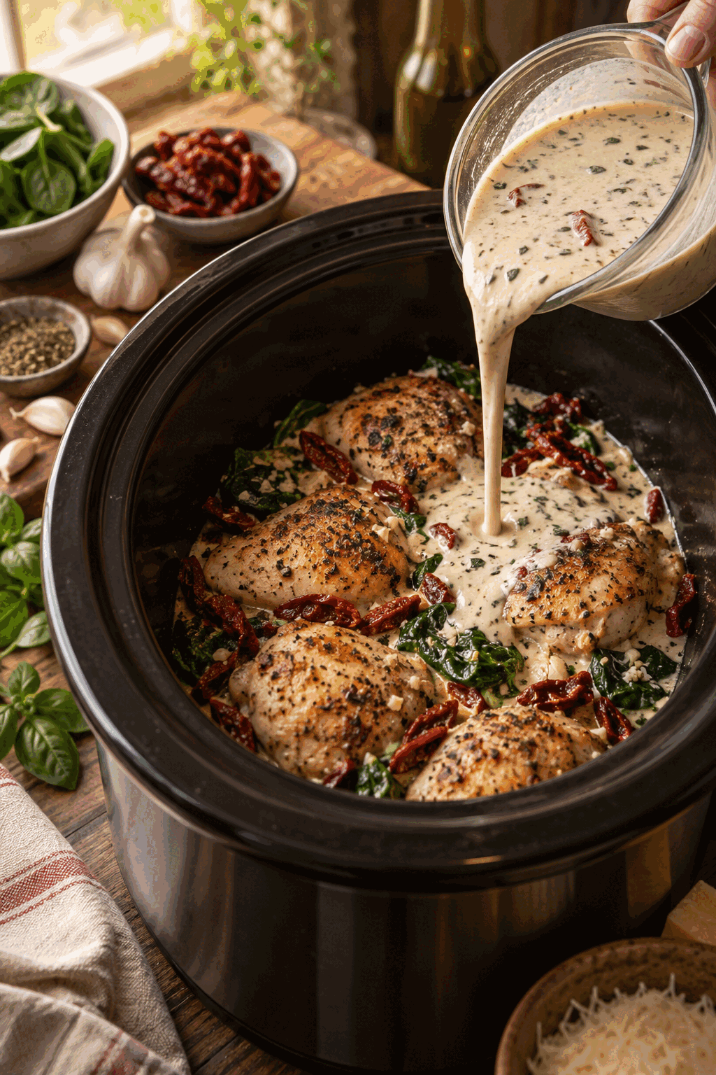 slow cooker Tuscan chicken preparation