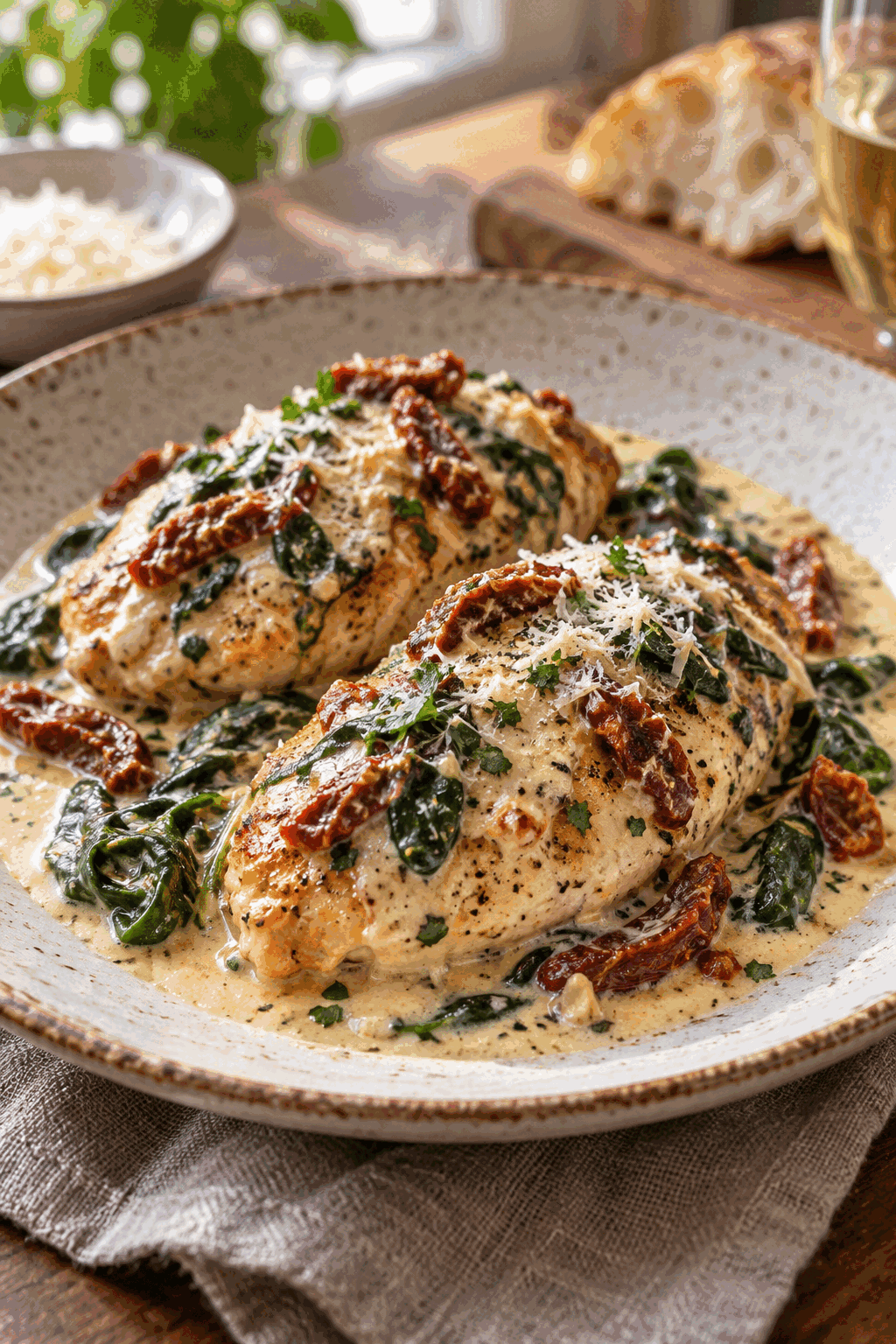slow cooker Tuscan chicken served with spinach