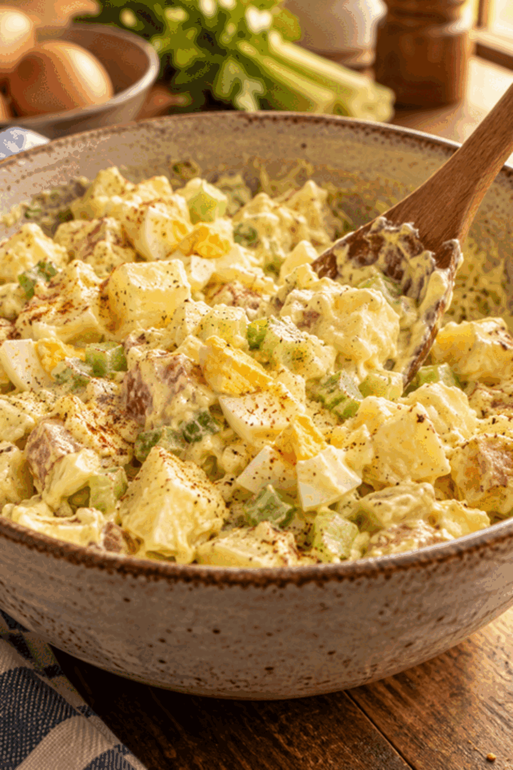 Mixing southern potato salad