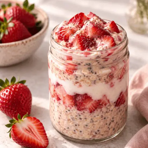 Strawberries and cream overnight oats in a glass jar