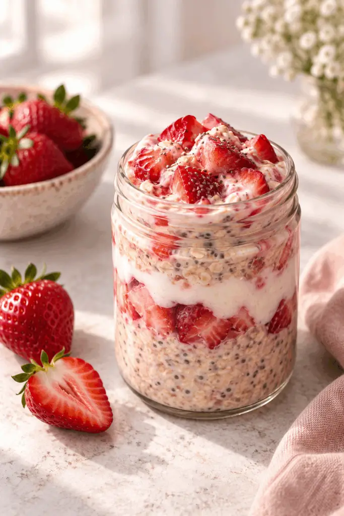 Strawberries and cream overnight oats in a glass jar