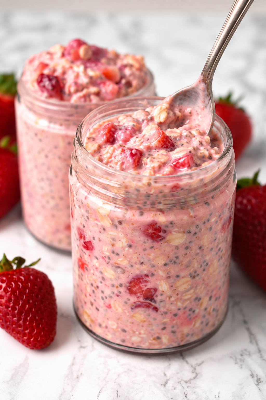 Mixing strawberries and cream overnight oats