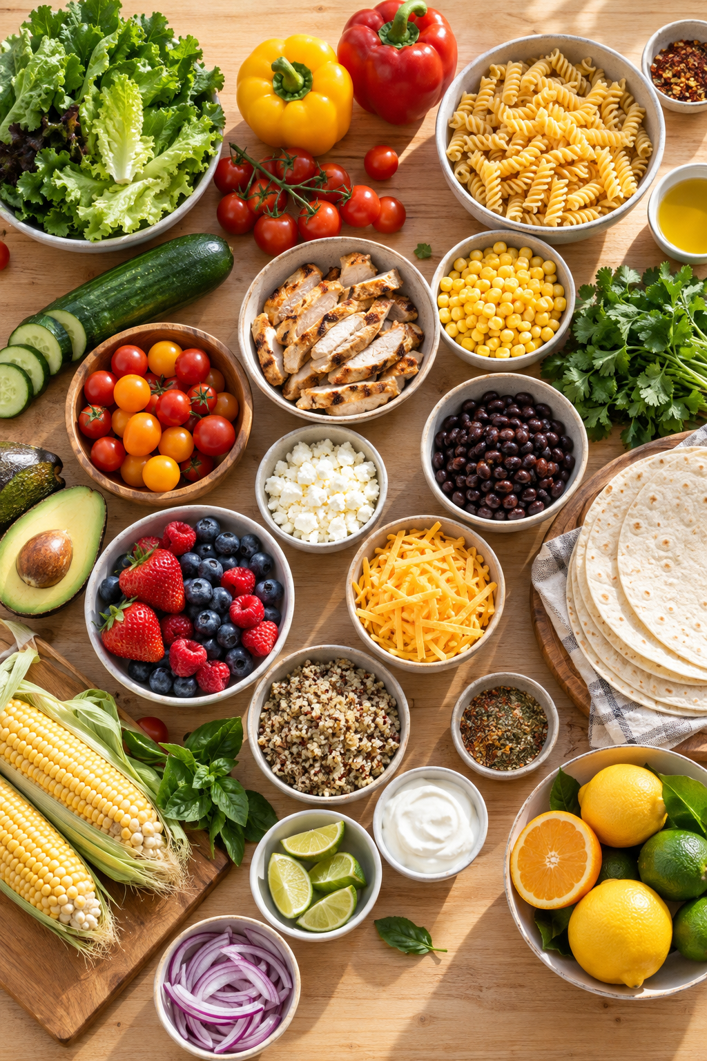 Ingredients for summer dinner ideas for kids arranged on a table