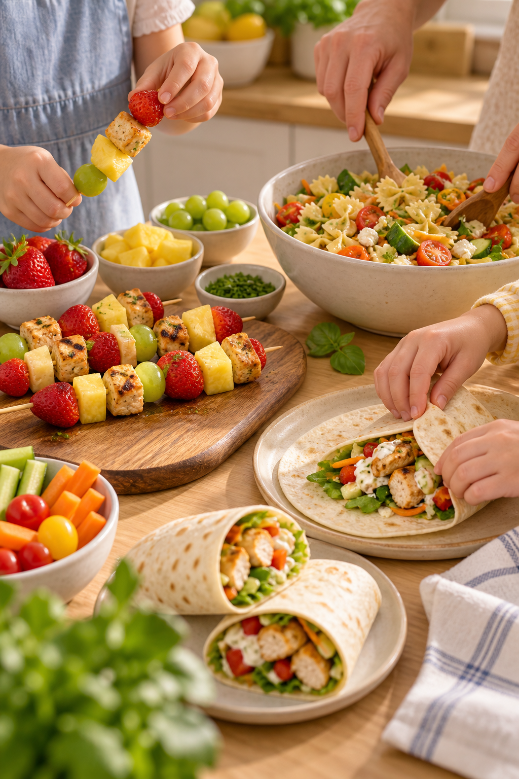 Assembling summer dinner ideas for kids with colorful ingredients