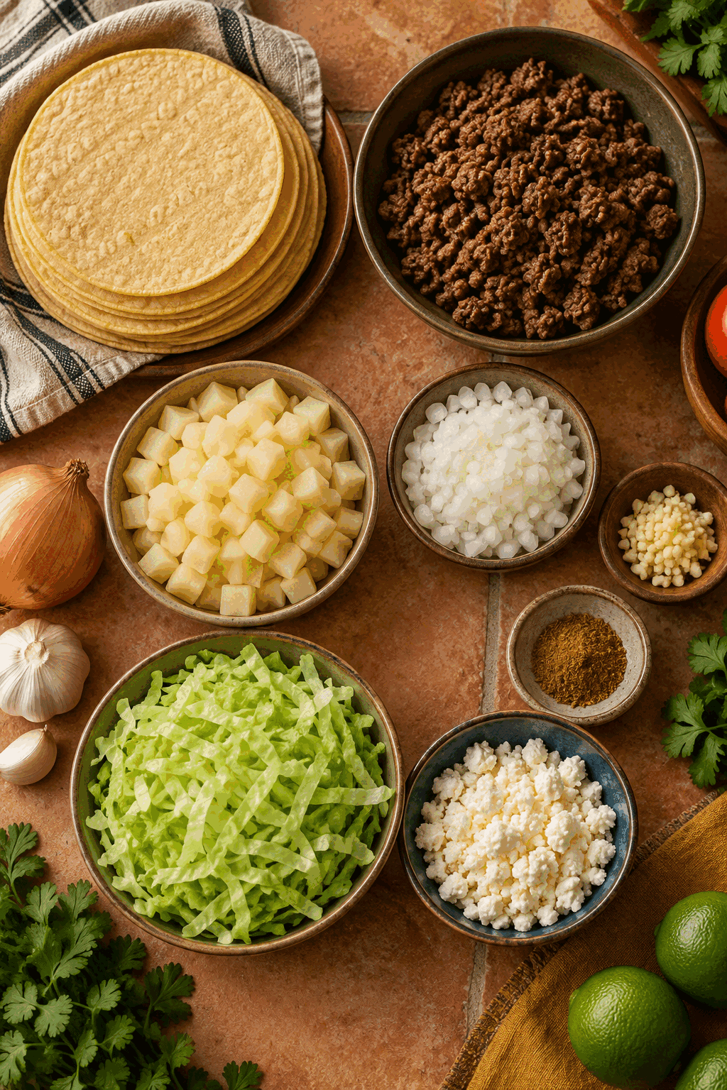 ingredients for tacos dorados arranged on a counter