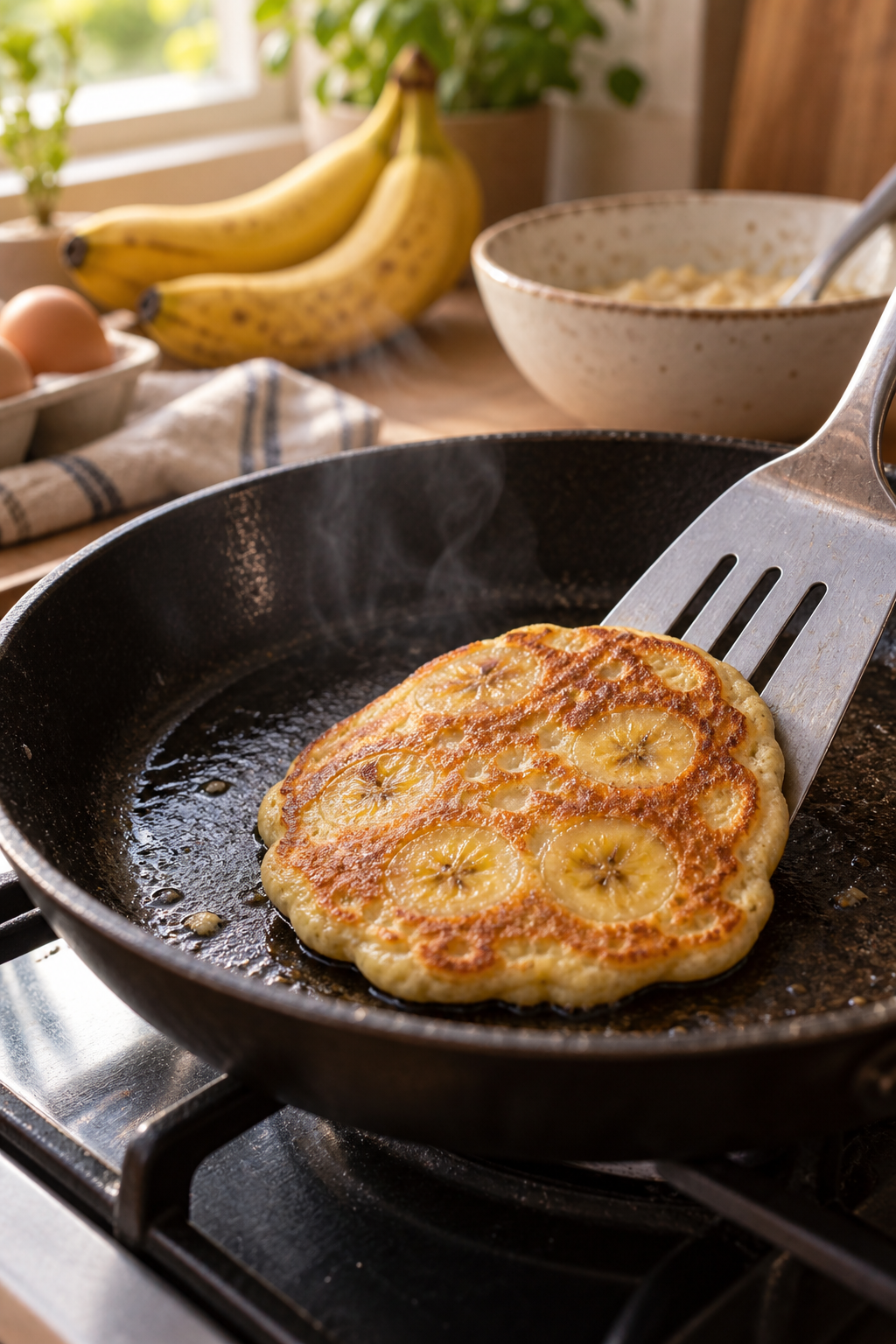 two ingredient pancakes for baby led weaning cooking in a pan
