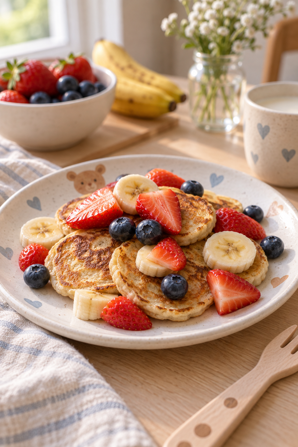 two ingredient pancakes for baby led weaning served with fruit