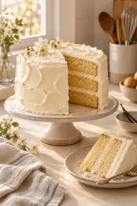 Moist vanilla cake slice with fluffy frosting