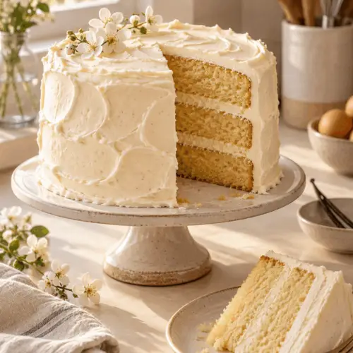 Moist vanilla cake slice with fluffy frosting