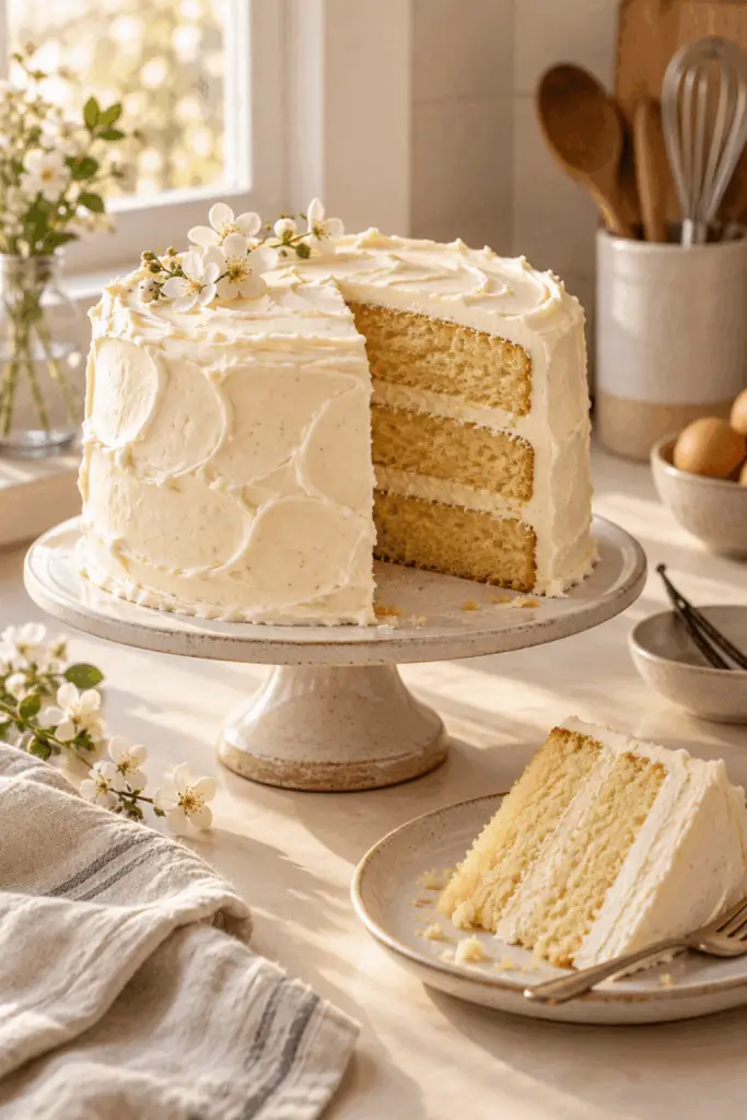 Moist vanilla cake slice with fluffy frosting