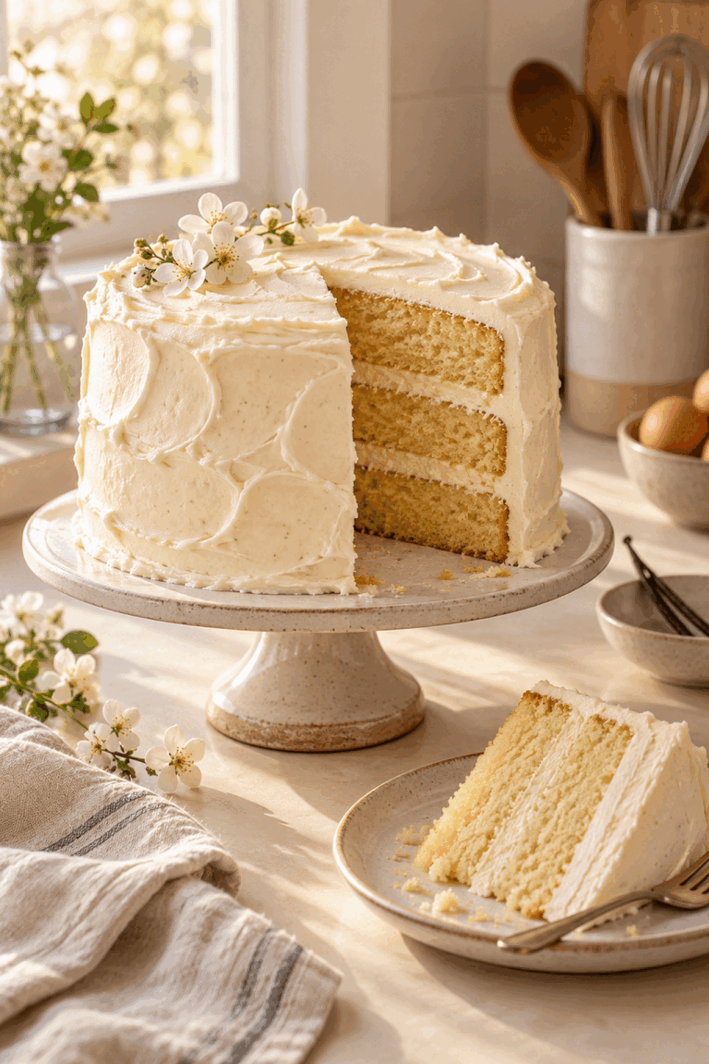 Moist vanilla cake slice with fluffy frosting