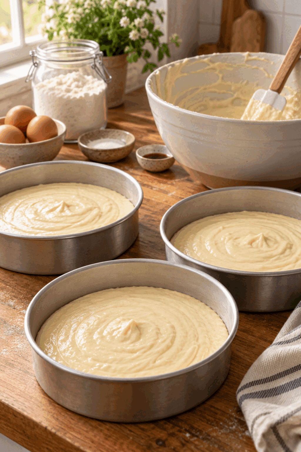 Vanilla cake batter divided into pans
