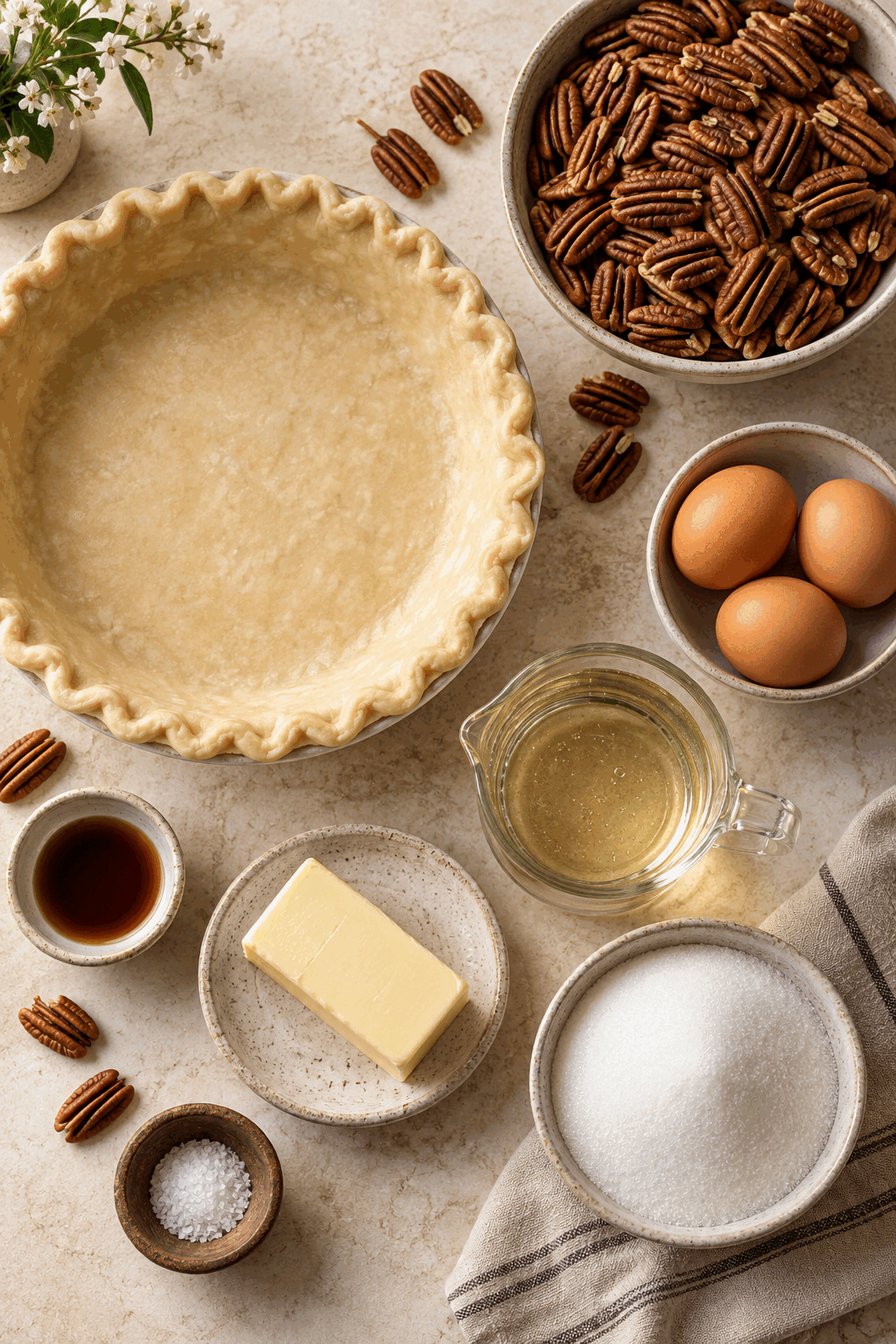 vanilla pecan pie ingredients arranged for baking