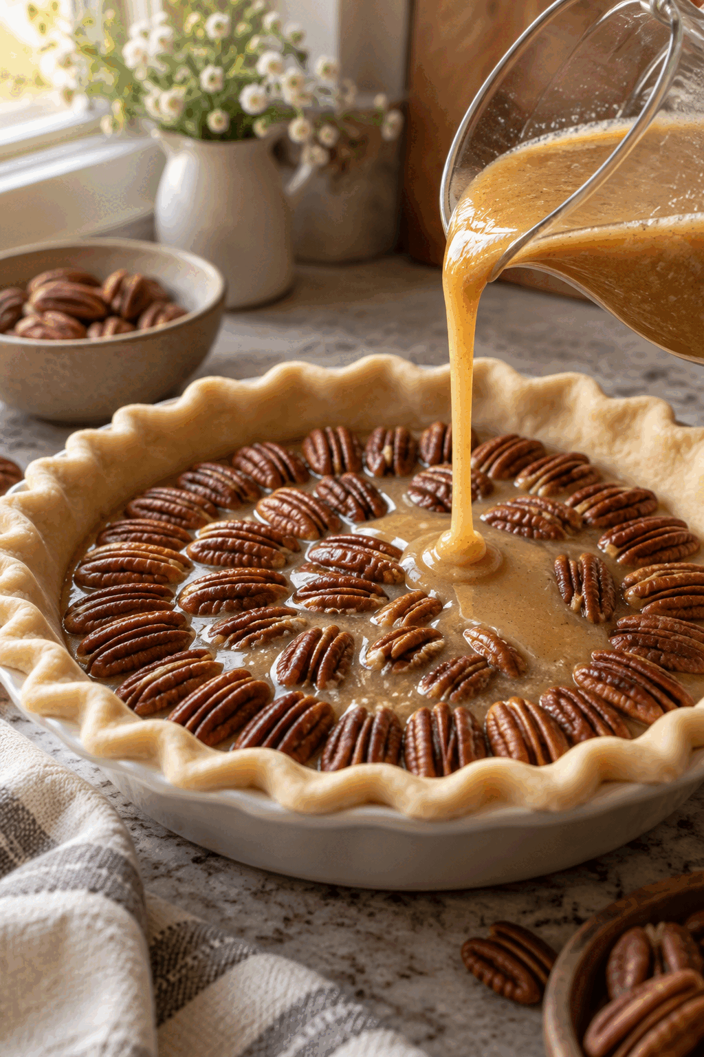vanilla pecan pie filling being prepared before baking