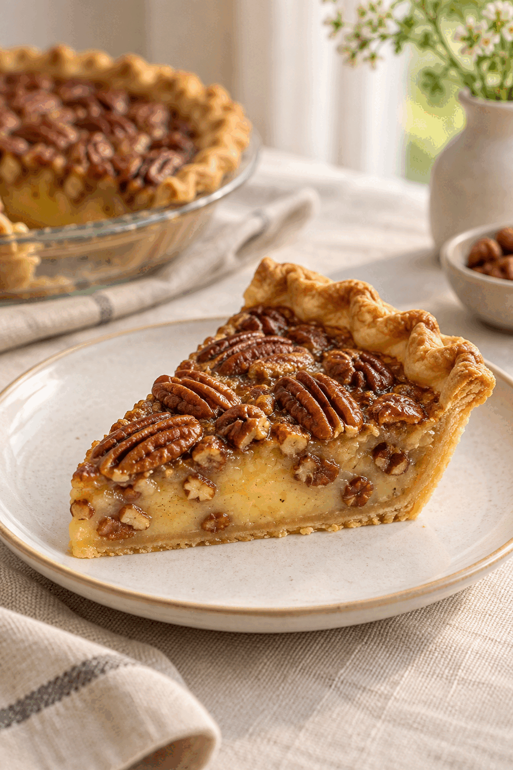 sliced vanilla pecan pie ready to serve