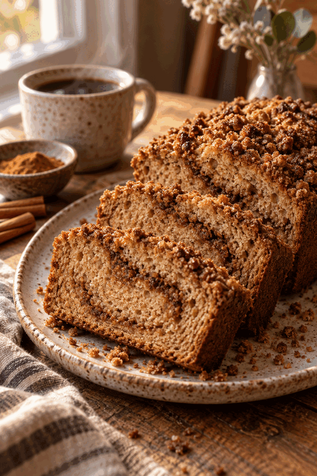 sliced vegan cinnamon quick bread