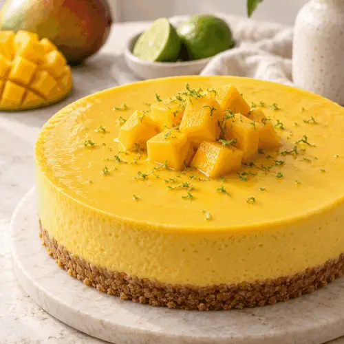 vegan mango cheesecake with fresh mango