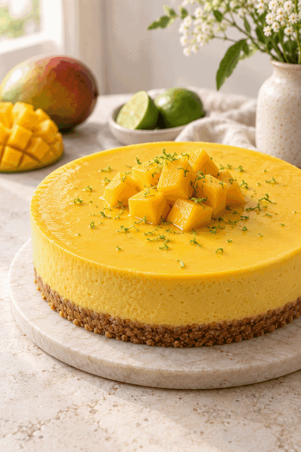 vegan mango cheesecake with fresh mango
