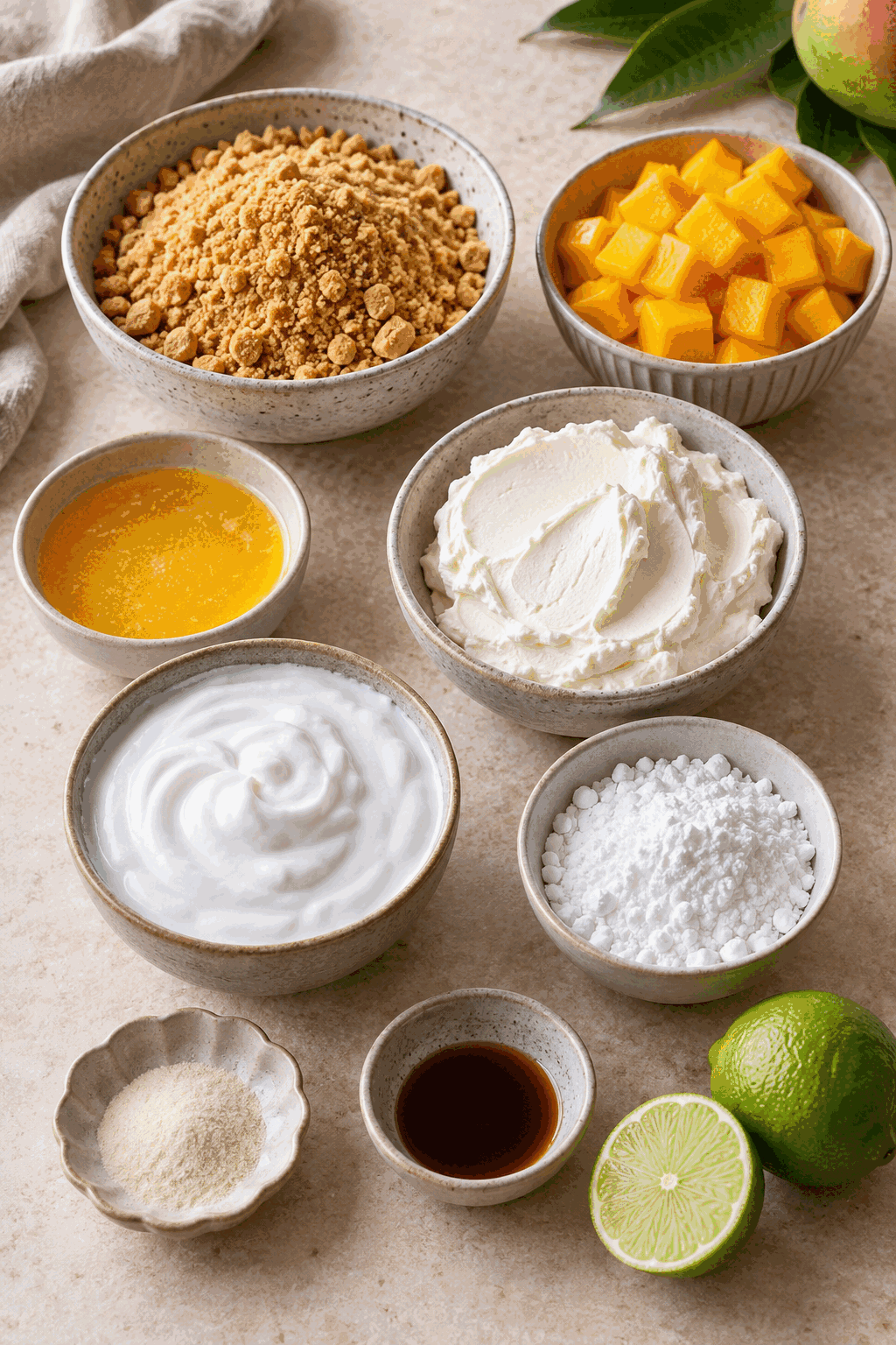 vegan mango cheesecake ingredients measured and arranged
