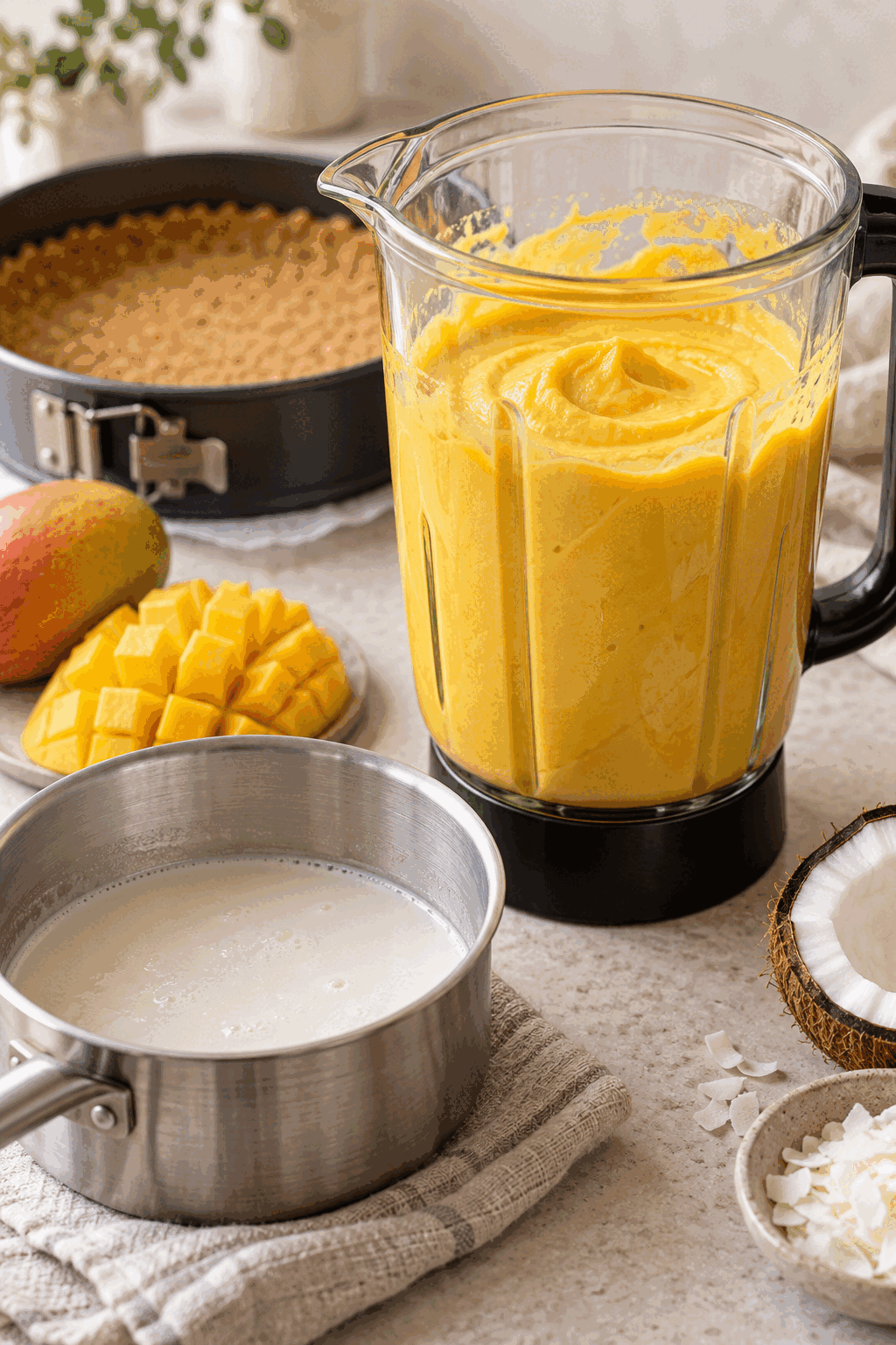 vegan mango cheesecake filling being prepared