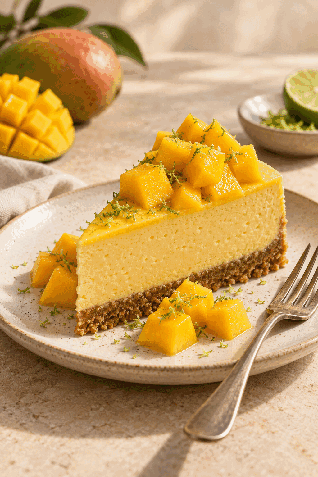 slice of vegan mango cheesecake with mango topping