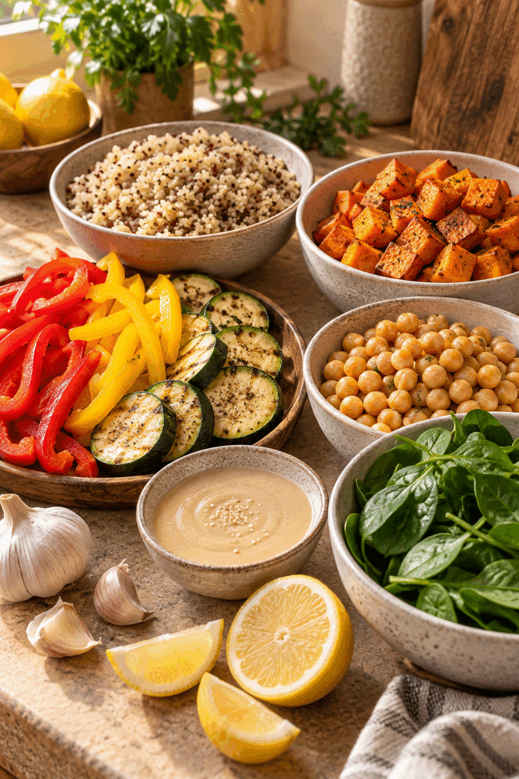 vegan meal prep bowls ingredients measured and arranged