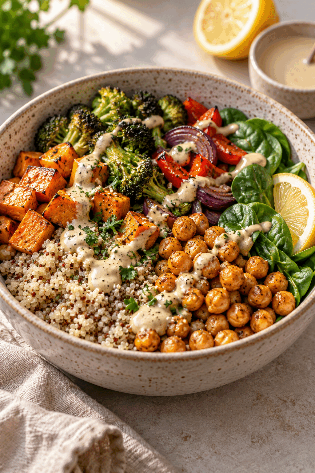 vegan meal prep bowls glazed and ready to serve